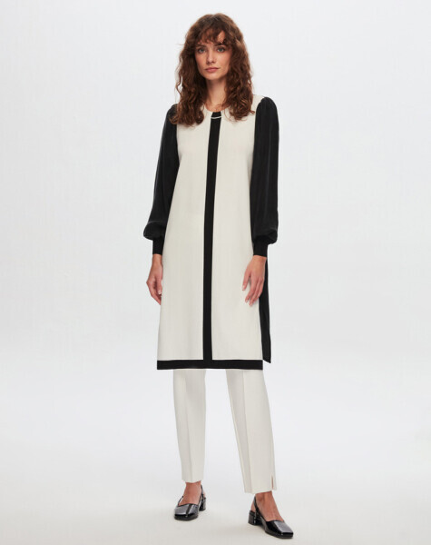 T24Y-6045 Önü Triko Cupro Tunik 1398-LIGHT GREY / BLACK 