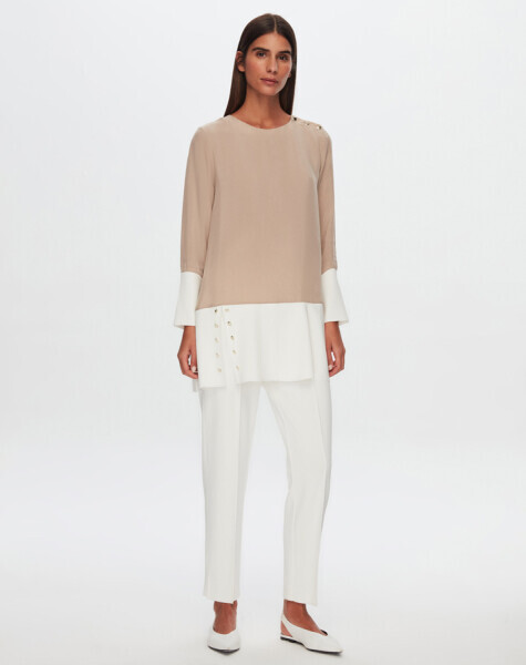 T24Y-6050 Etek Ucu Düğme Detaylı Cupro Tunik BEİGE - 1