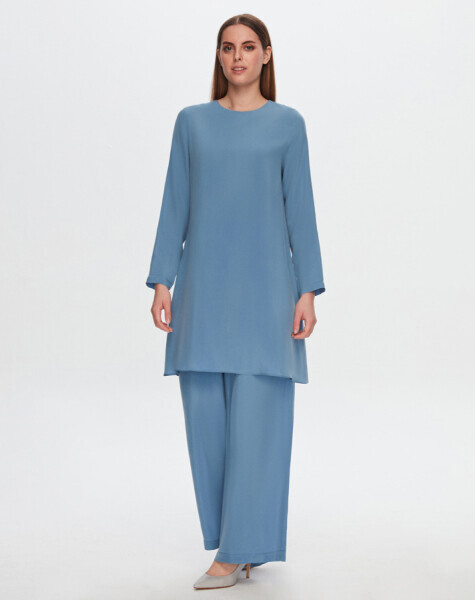 T24Y-6053 Yırtmaç Detaylı Cupro Tunik BLUE 