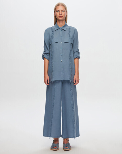 T24Y-7011 Püskül Detaylı Bol Paça Keten Pantolon BLUE - 1