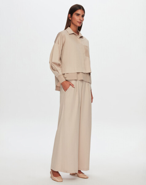 T24Y-7012 Bol Paça Pamuklu Kumaş Pantolon BEİGE - 1