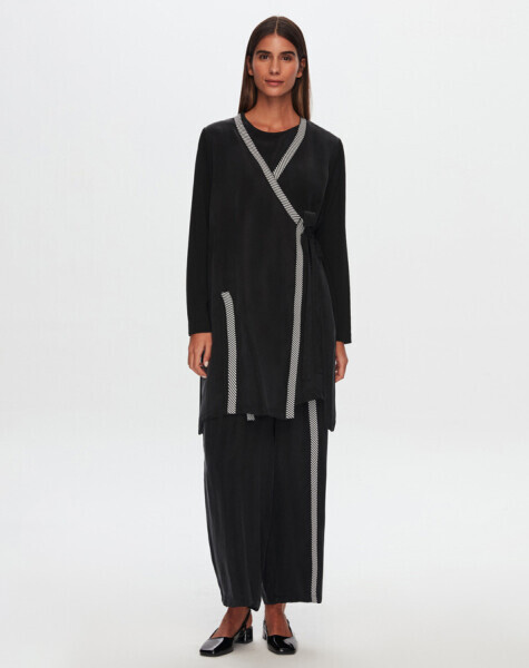 T24Y-7013 Triko Tiktaklı Bol Paça Cupro Pantolon BLACK 