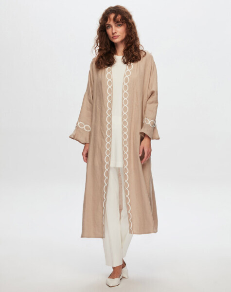 T24Y-8011 Sutaşı Detaylı Keten Kaftan BEİGE - 1