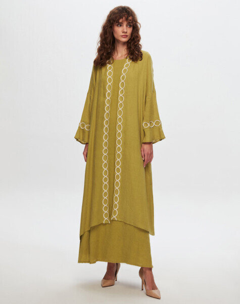 T24Y-8011 Sutaşı Detaylı Keten Kaftan OLİVE 
