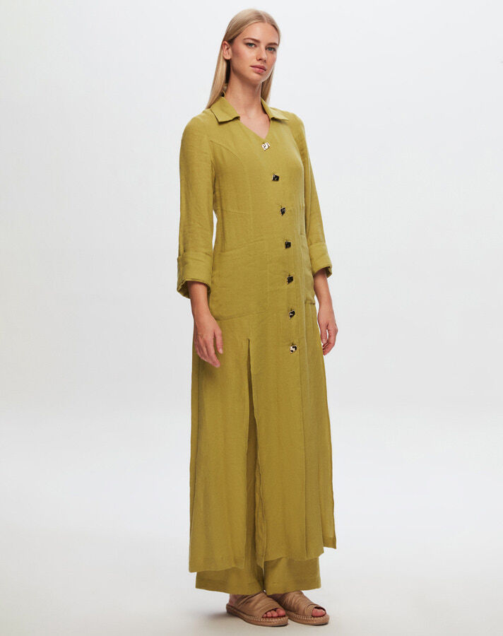 T24Y-8015 Button Detailed Long Linen Jacket - 1