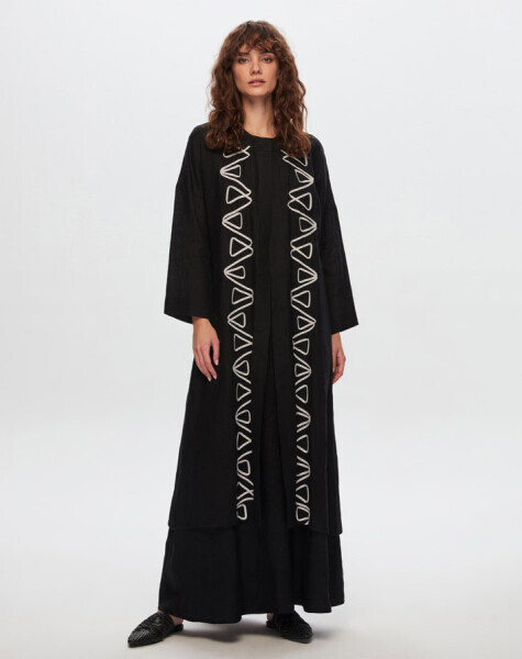 T24Y-8016 Nakış Detaylı Keten Kaftan BLACK - 1