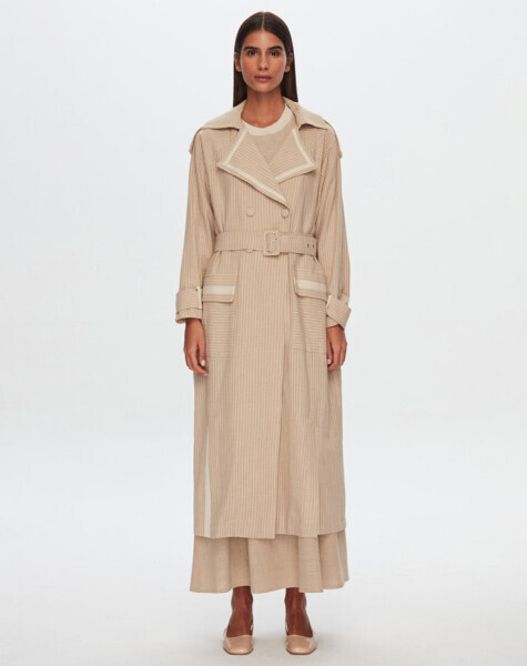 T24Y-8023 Çizgili Kruvaze Uzun Keten Ceket BEİGE 