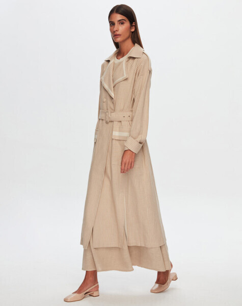 T24Y-8023 Çizgili Kruvaze Uzun Keten Ceket BEİGE - 2