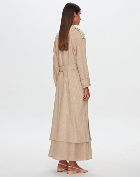 T24Y-8023 Çizgili Kruvaze Uzun Keten Ceket BEİGE - 3