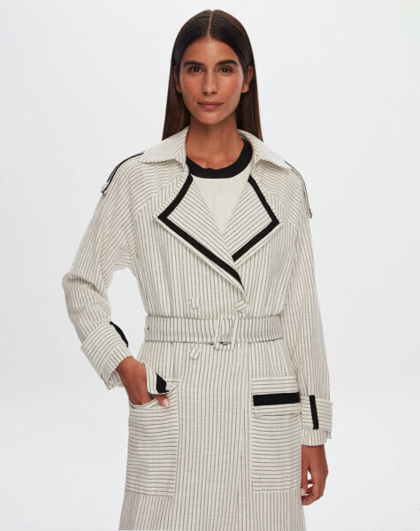 T24Y-8023 Çizgili Kruvaze Uzun Keten Ceket ECRU - 2