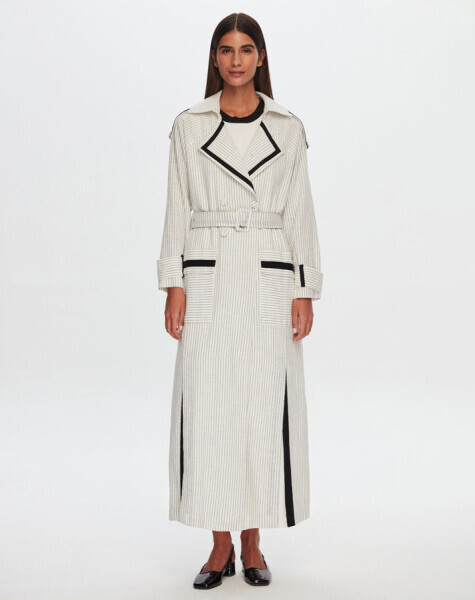 T24Y-8023 Çizgili Kruvaze Uzun Keten Ceket ECRU - 1