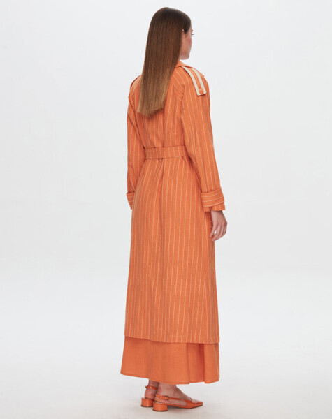 T24Y-8023 Çizgili Kruvaze Uzun Keten Ceket ORANGE - 2