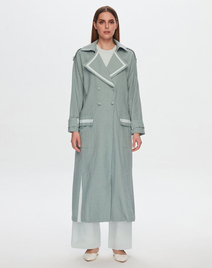 T24Y-8023 Striped Double Breasted Long Linen Jacket - 7