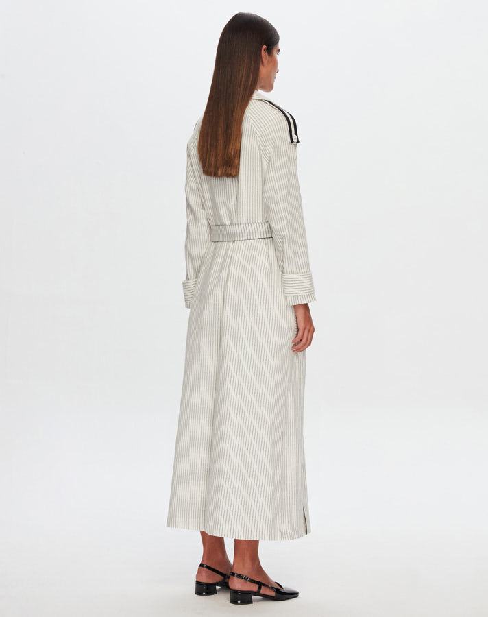 T24Y-8023 Striped Double Breasted Long Linen Jacket - 6