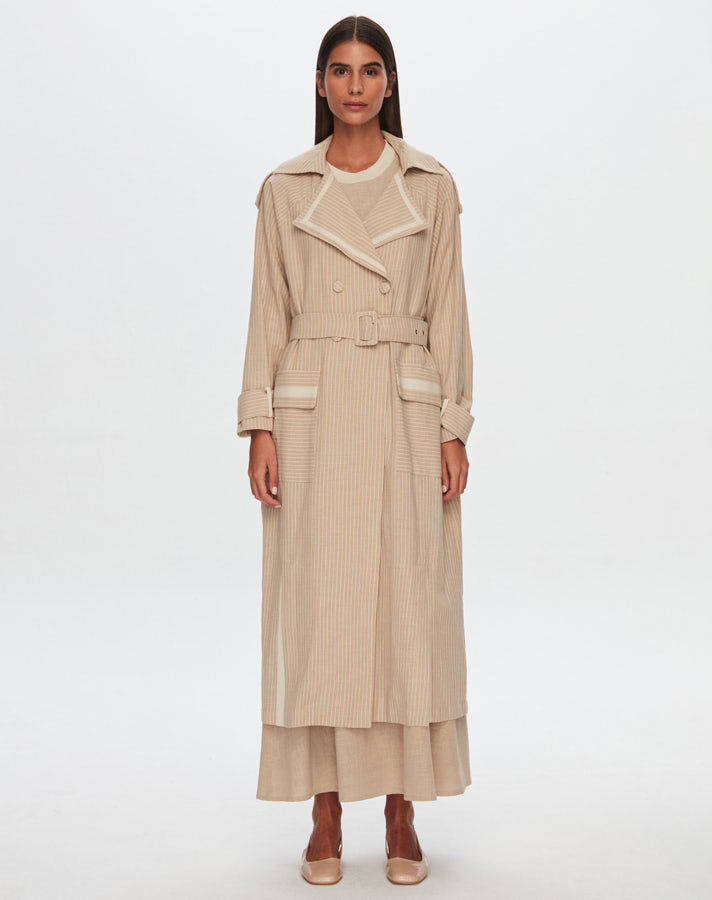 T24Y-8023 Striped Double Breasted Long Linen Jacket - 1