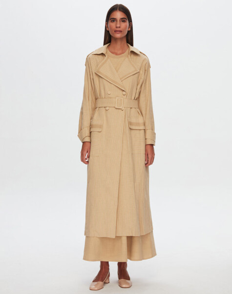 T24Y-8023 Striped Double Breasted Long Linen Jacket - 9