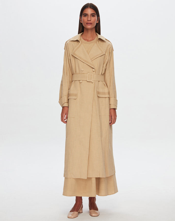 T24Y-8023 Striped Double Breasted Long Linen Jacket - 9