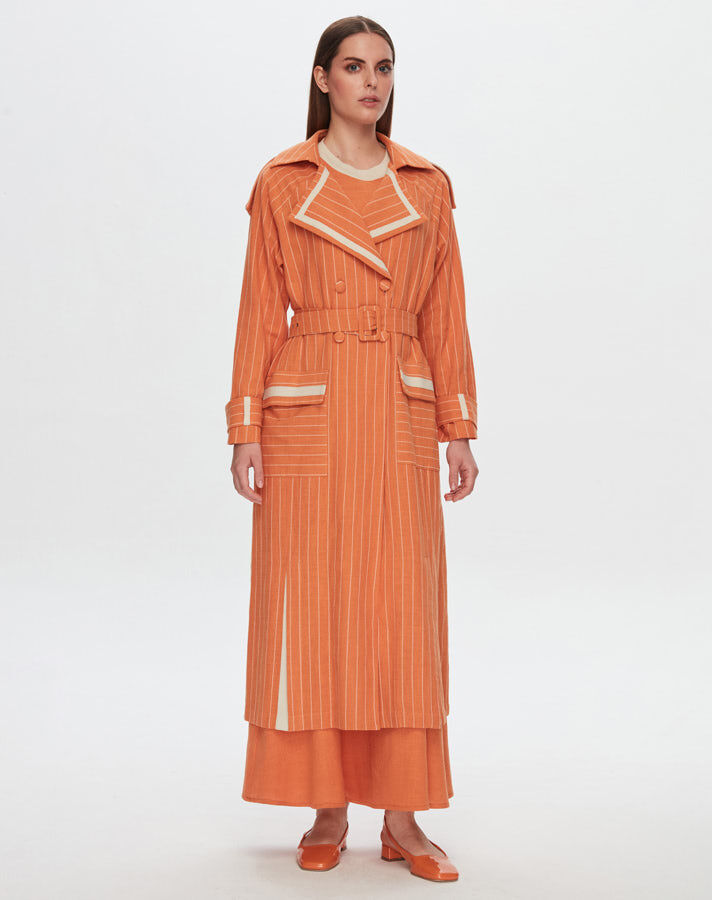 T24Y-8023 Striped Double Breasted Long Linen Jacket - 11