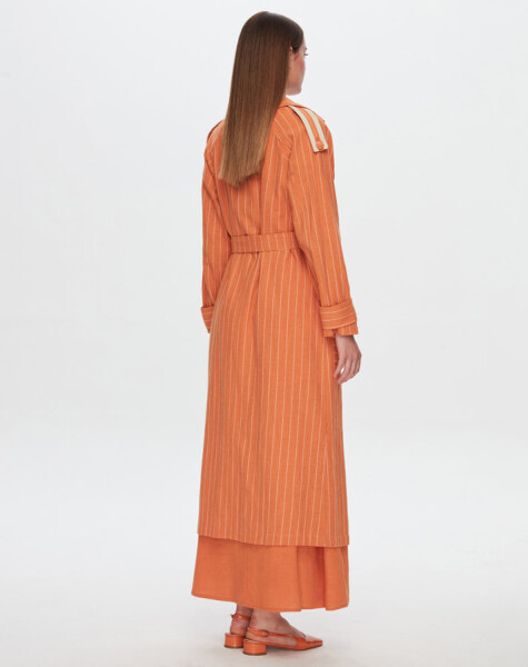 T24Y-8023 Striped Double Breasted Long Linen Jacket - 12