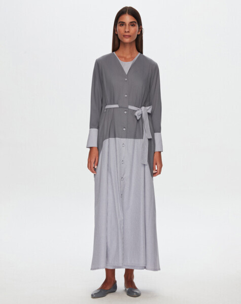 T24Y-8024 Beli Kuşaklı V Yaka Poplin Ceket GREY 