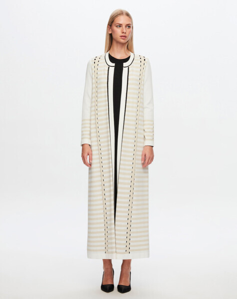 T24Y-9011 Çizgi ve Ajur Detaylı Uzun Hırka 1012-ECRU - MISS DALIDA