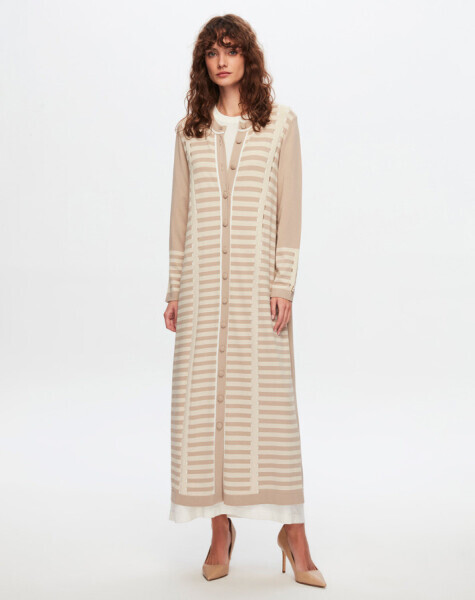 T24Y-9011 Çizgi ve Ajur Detaylı Uzun Hırka 1052-BEİGE - 1