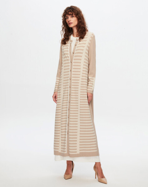 T24Y-9011 Çizgi ve Ajur Detaylı Uzun Hırka 1052-BEİGE - 2