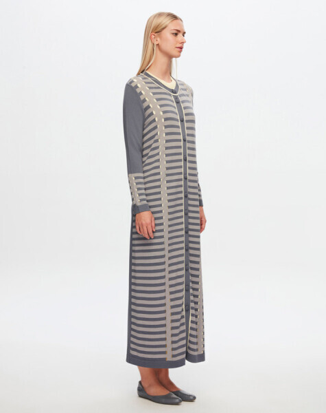 T24Y-9011 Çizgi ve Ajur Detaylı Uzun Hırka 1398-LIGHT GREY - 2