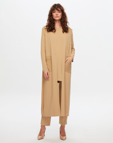 T24Y-9012 Triko- Cupro Uzun Hırka 1052-BEİGE - 3