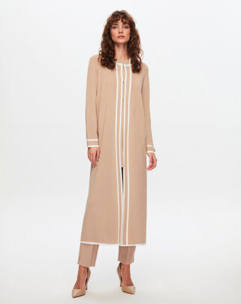 T24Y-9022 Renk Şeritli Triko Uzun Hırka 1052-BEİGE - 1