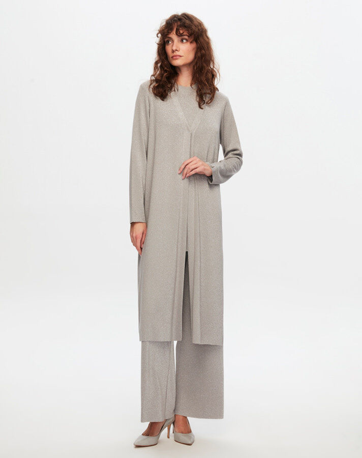 T24Y-9035 Plain Color Silvery Long Cardigan - 1