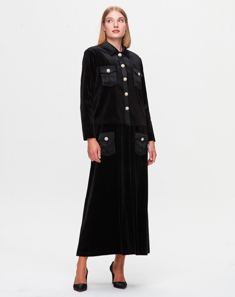 T25K-0001Pocketed Tunic-Skirt Velvet Suit - 1