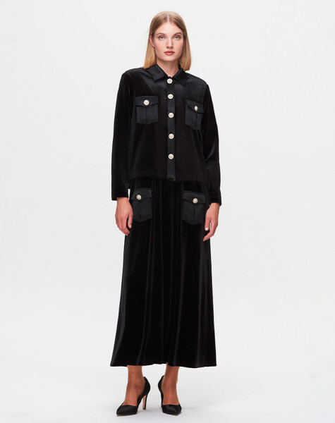 T25K-0001Pocketed Tunic-Skirt Velvet Suit - 2