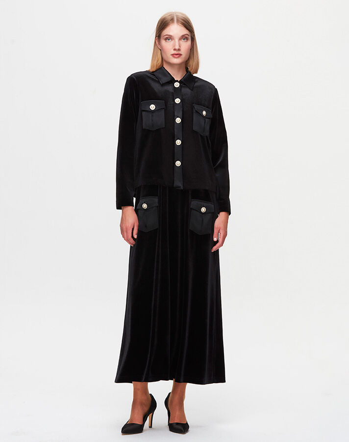 T25K-0001Pocketed Tunic-Skirt Velvet Suit - 2