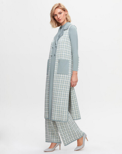 T25K-1003 Kazayağı Desenli Uzun Triko Yelek MANİA-RESEDA - 2