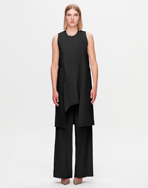 T25K-1005 Asimetrik Kesim Kumaş Yelek BLACK 