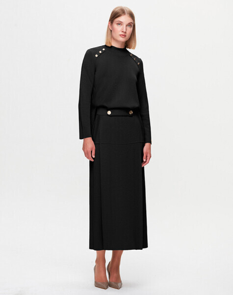 T25K-2008 A Kesim Düğme Detaylı Etek BLACK - 2