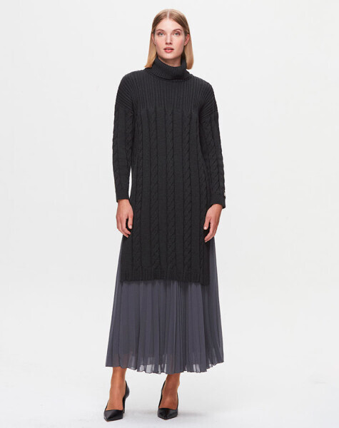 T25K-2009 Plise Şifon Antrasit Etek - 1