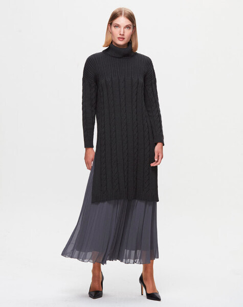 T25K-2009 Plise Şifon Antrasit Etek - 2