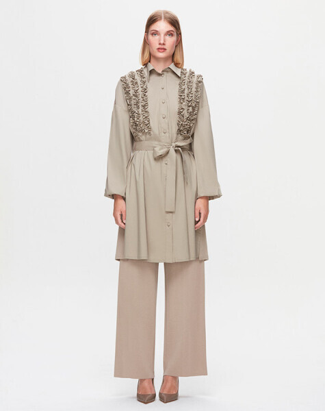 T25K-3005 Önü Büzgü Detaylı Poplin Gömlek 8YR71-STONE 