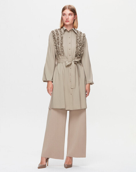 T25K-3005 Önü Büzgü Detaylı Poplin Gömlek 8YR71-STONE - MISS DALIDA (1)