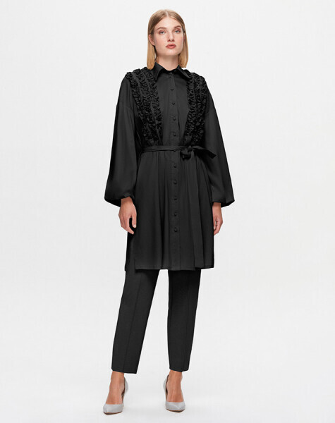 T25K-3005 Önü Büzgü Detaylı Poplin Gömlek BLACK - MISS DALIDA