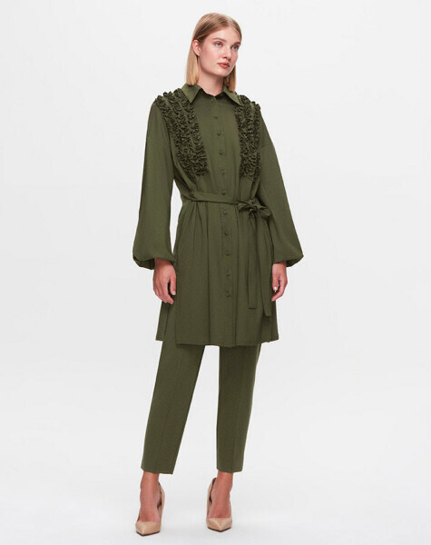 T25K-3005 Önü Büzgü Detaylı Poplin Gömlek FARAD-GREEN 