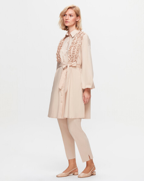 T25K-3005 Önü Büzgü Detaylı Poplin Gömlek YR23T-SAND 