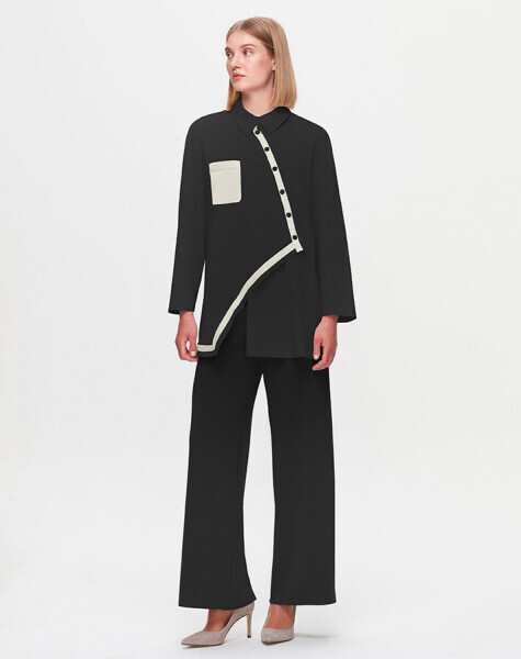 T25K-3006 Triko Detaylı Asimetrik Kesim Poplin Gömlek BLACK - MISS DALIDA