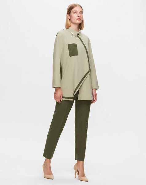 T25K-3006 Triko Detaylı Asimetrik Kesim Poplin Gömlek FARAD-GREEN 