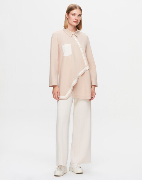 T25K-3006 Triko Detaylı Asimetrik Kesim Poplin Gömlek YY872-BONE 