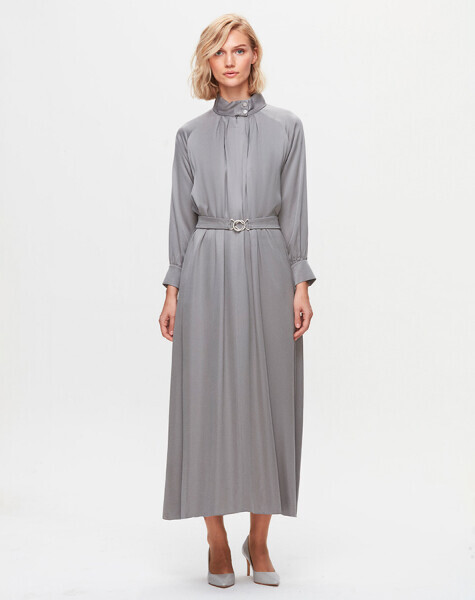T25K-4002 Dik Yaka Cupro Elbise GREY - MISS DALIDA (1)