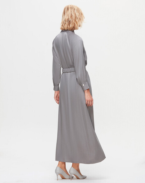 T25K-4002 Dik Yaka Cupro Elbise GREY - 3