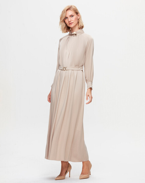 T25K-4002 Dik Yaka Cupro Elbise STONE 